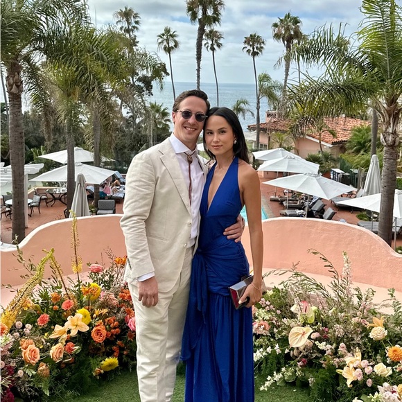 Meshki Graziana Satin Chiffon Plunge Maxi Dress in Cobalt Blue - Picture 5 of 5